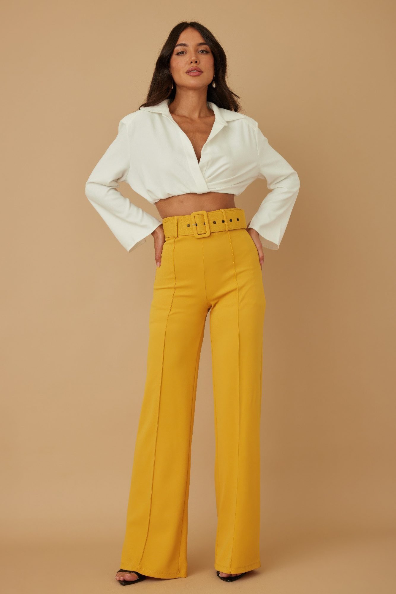 High Waist Pants With Buckle Belt Yellow
