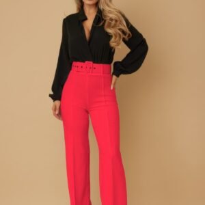 High Waist Pants With Buckle Belt Crimison