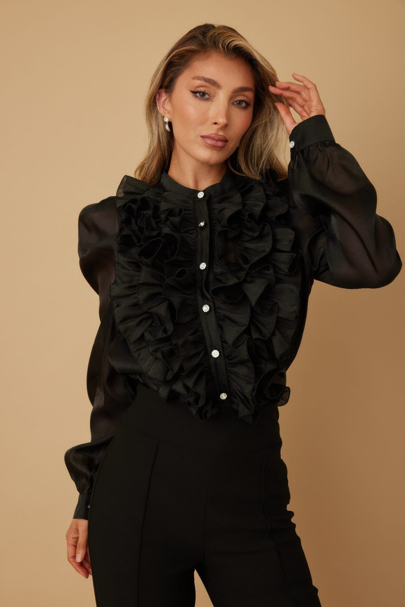 Ruffle Micro Crystal Long Sleeve Blouse-51923