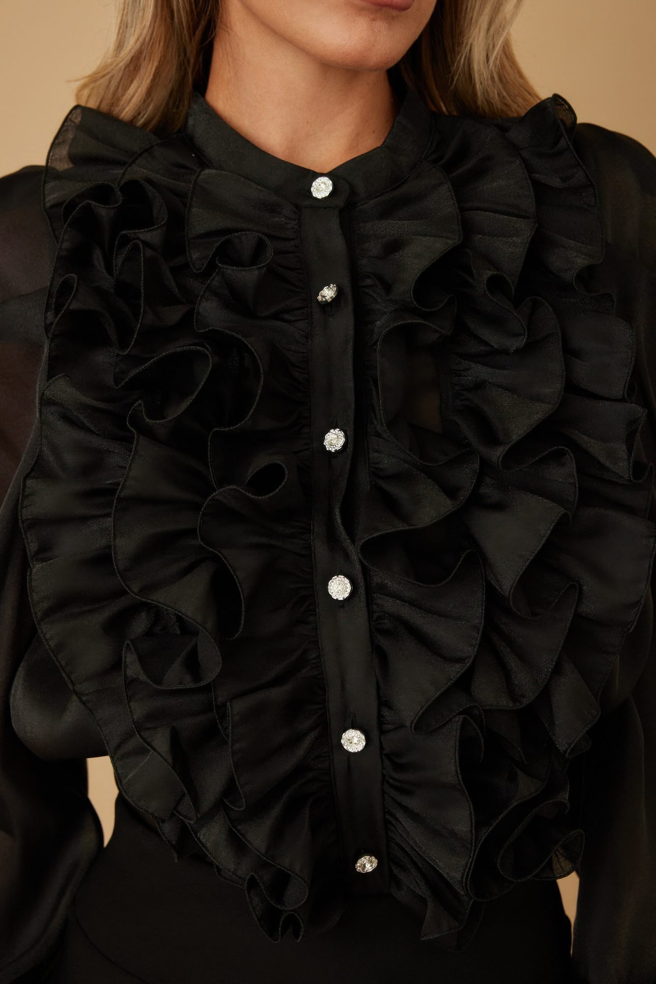 Ruffle Micro Crystal Long Sleeve Blouse-51923