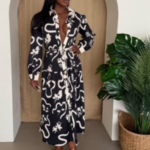 Botanic Maze Belted Shirt Dress -53673