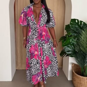 Orchid Pop Puff Sleeve Midi Resort Dress -53675