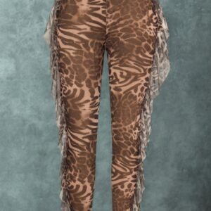 Leopard Side Ruffle Printed Pants Brown
