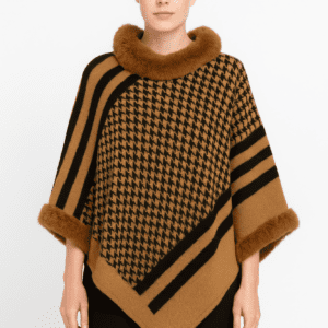 Patterned Knit Poncho With Faux Fur Trim-53686