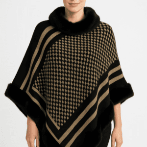 Patterned Knit Poncho With Faux Fur Trim-53687