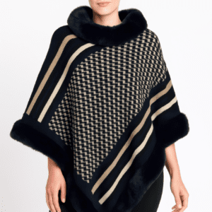 Patterned Knit Poncho With Faux Fur Trim-53688