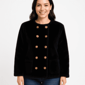 Textured Double-Breasted Faux Shearling Jacket-53703