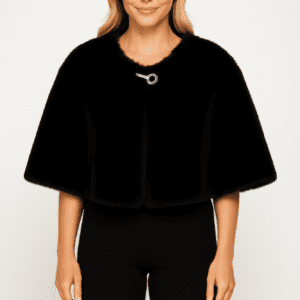 Faux Fur Cropped Cape With Jeweled Clasp In Black-53717