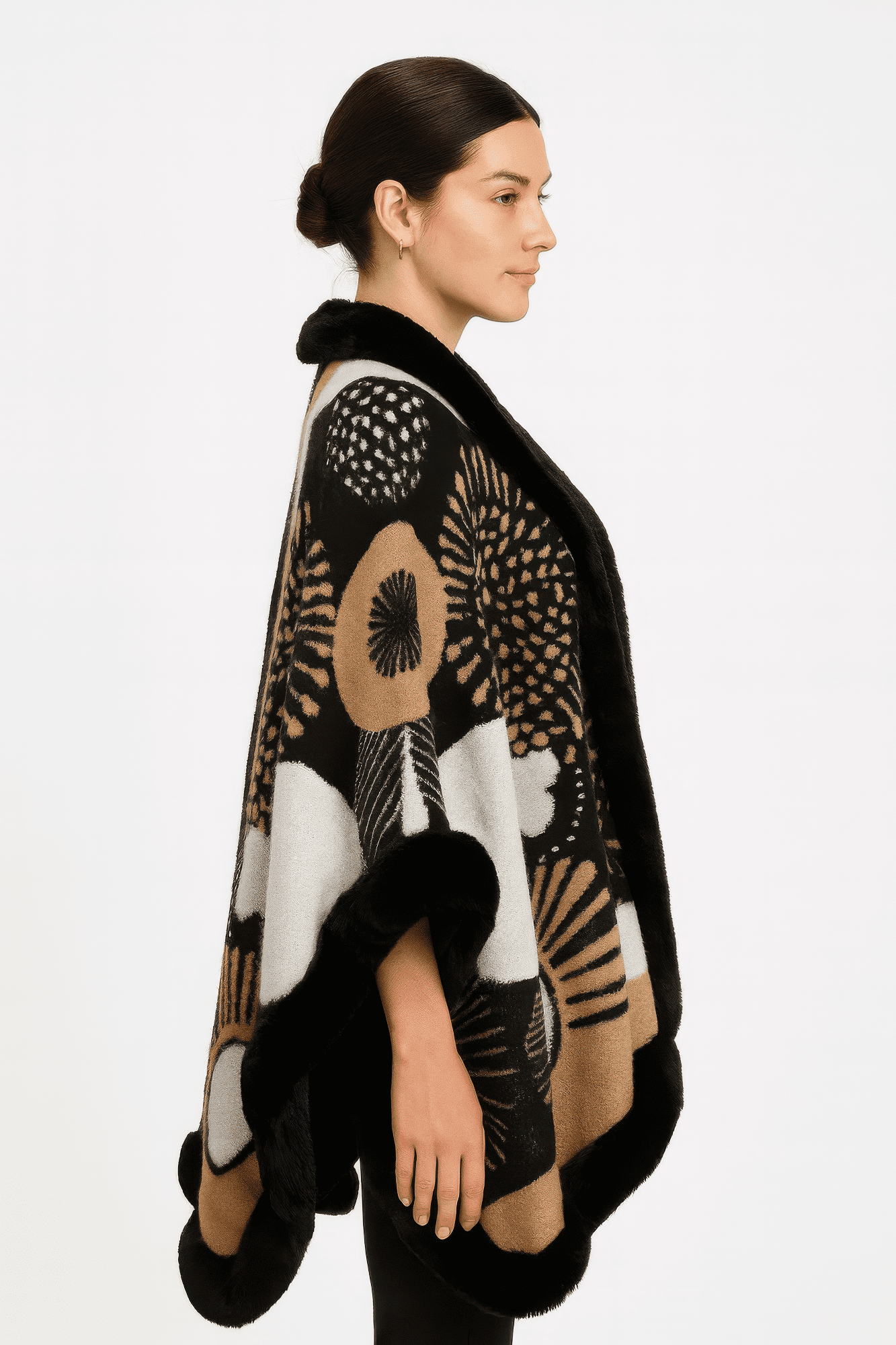 Abstract Print Faux Fur Trim Cape In Black & Camel-53727