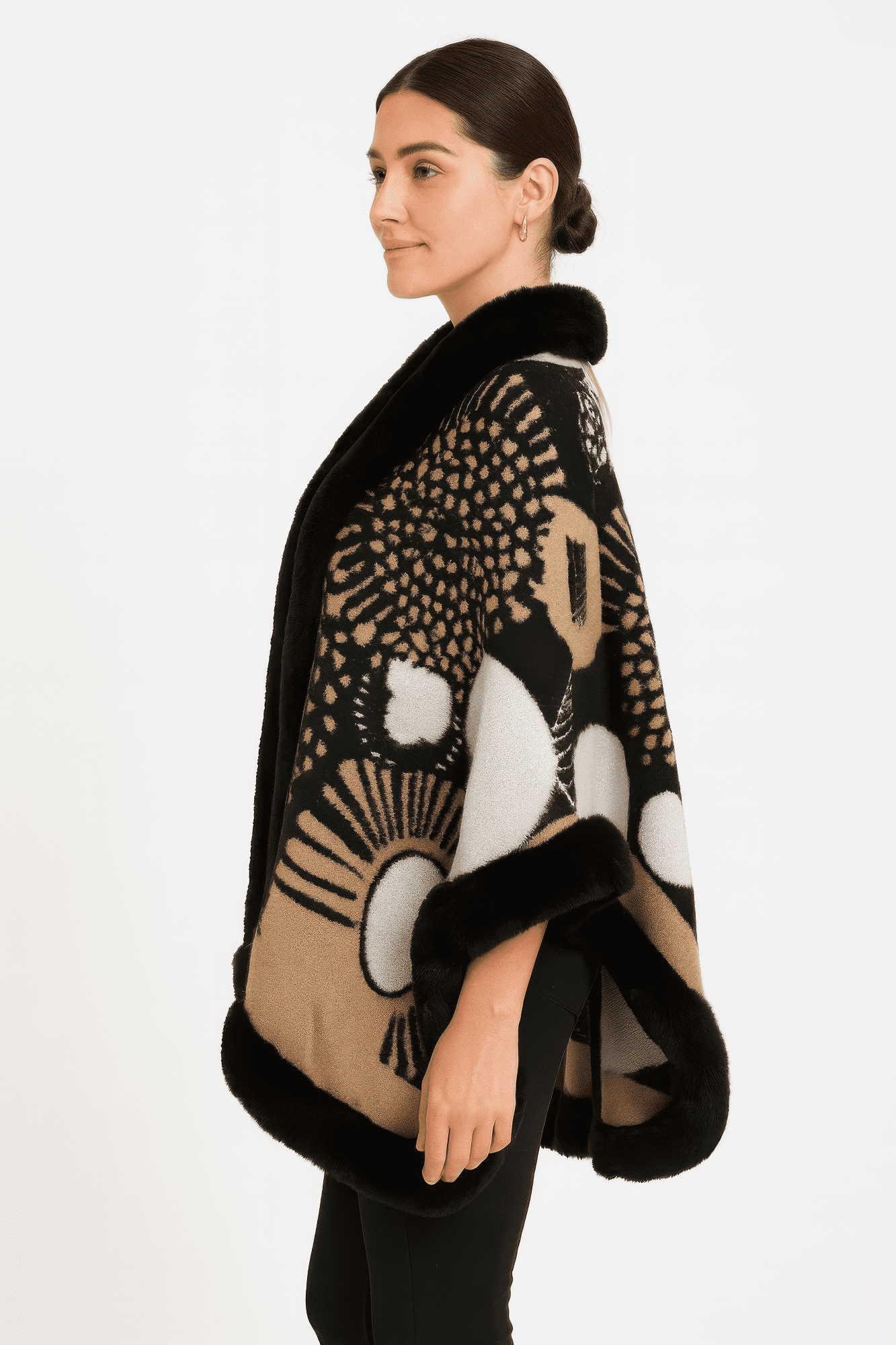 Abstract Print Faux Fur Trim Cape In Black & Camel-53727