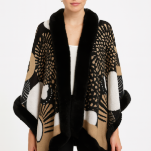 Abstract Print Faux Fur Trim Cape In Black & Camel-53727