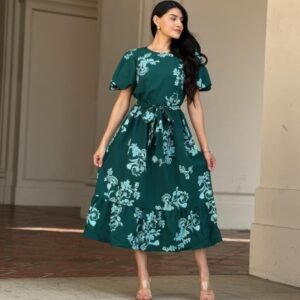 Belted Flare Floral Print Cap Sleeve Midi Dress-54061