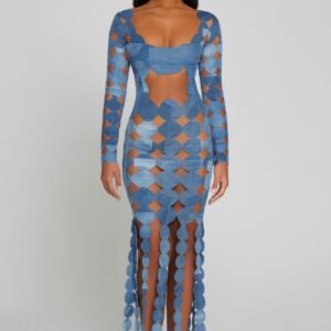 Denim Print Sexy Cut Out Maxi Dress-54090