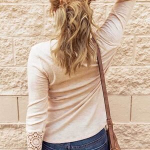 Beige Crochet Lace Hem Sleeve Button Top