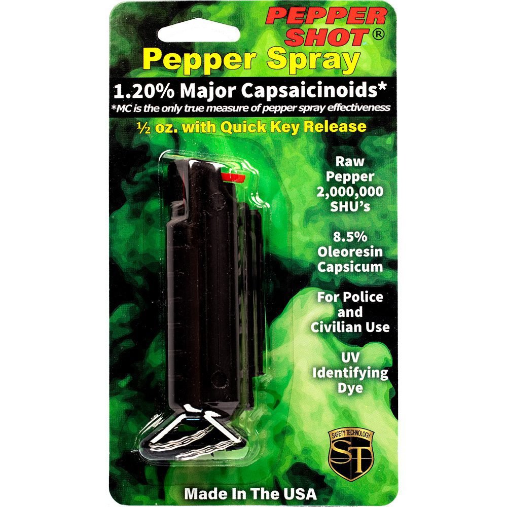 Pepper Shot 1.2% Mc 12 Oz Pepper Spray Hard Case Belt Clip And Quick Release Keychain Black