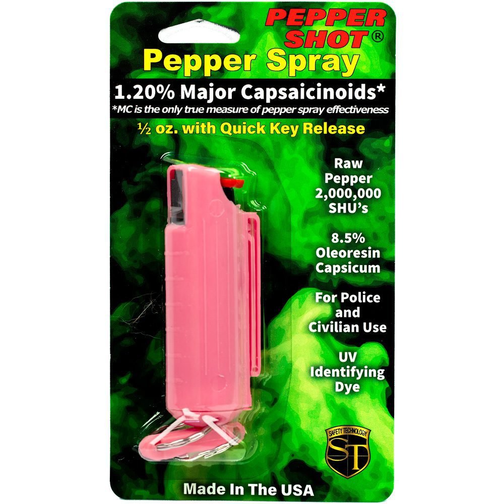 Pepper Shot 1.2% Mc 12 Oz Pepper Spray Hard Case Belt Clip And Quick Release Keychain Pink