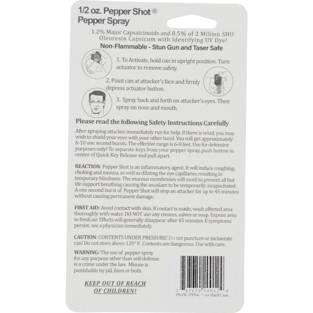 Pepper Shot 1.2% Mc 12 Oz Pepper Spray Hard Case Belt Clip And Quick Release Keychain Pink