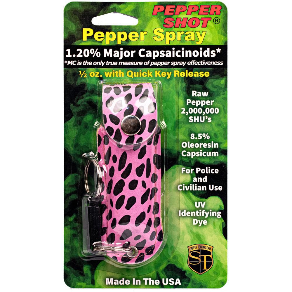 Pepper Shot 1.2% Mc 12 Oz Pepper Spray Fashion Leatherette Holster And Quick Release Keychain Cheetah Blackpink