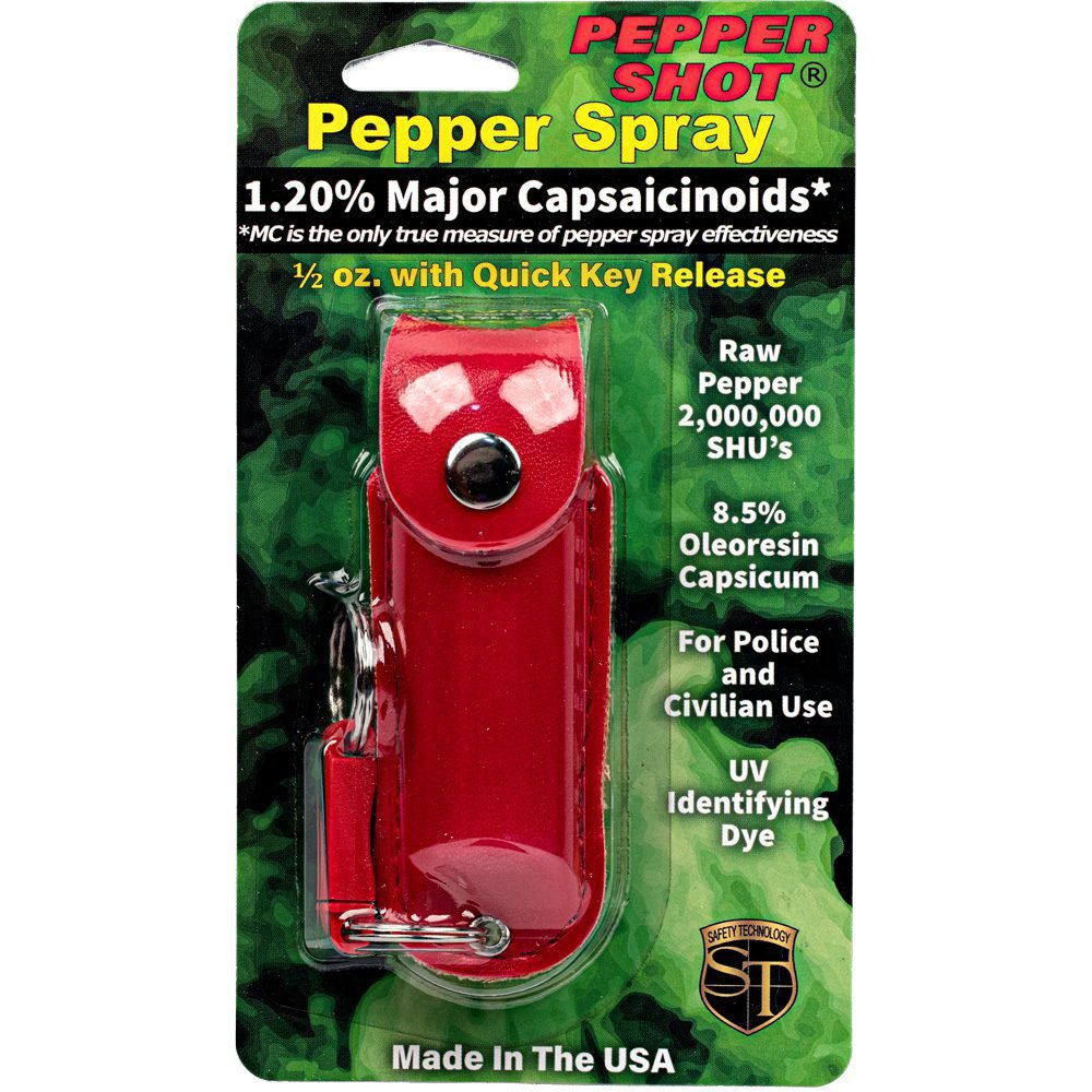 Pepper Shot 1.2% Mc 12 Oz Pepper Spray Leatherette Holster And Quick Release Keychain Red