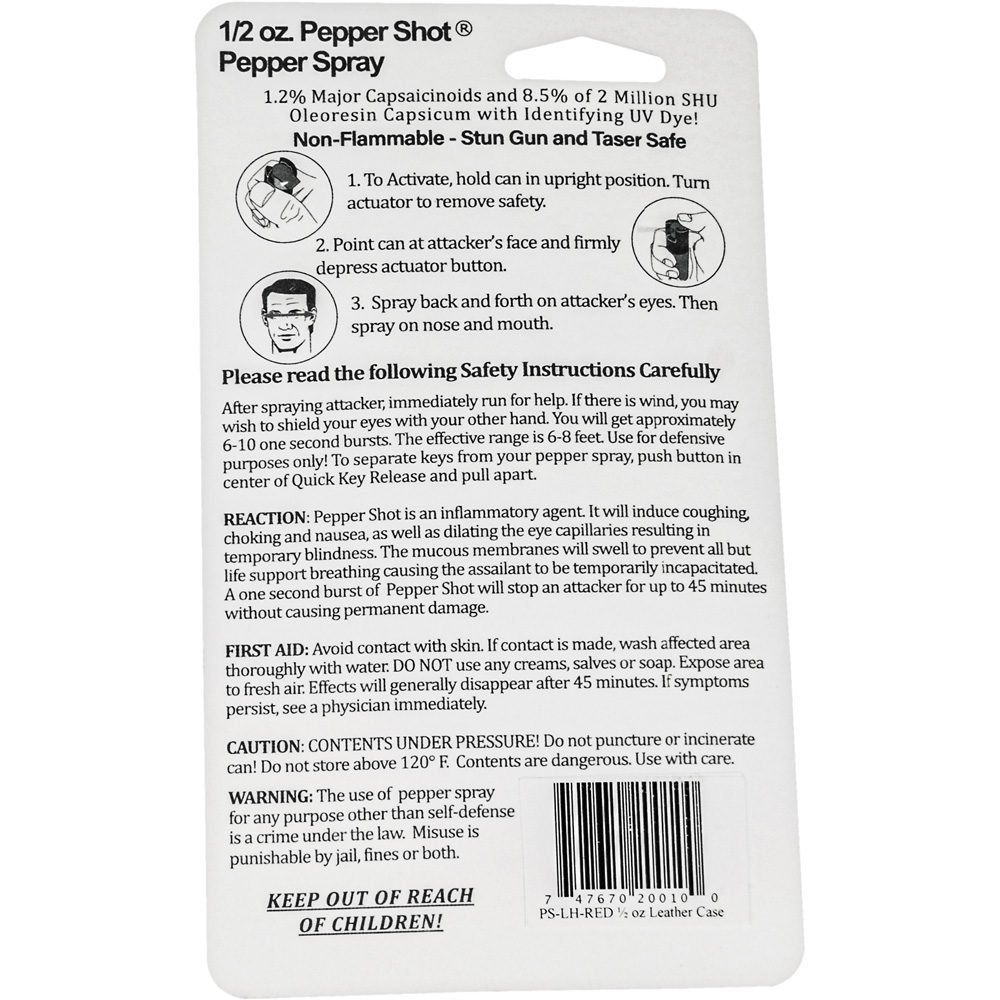 Pepper Shot 1.2% Mc 12 Oz Pepper Spray Leatherette Holster And Quick Release Keychain Red