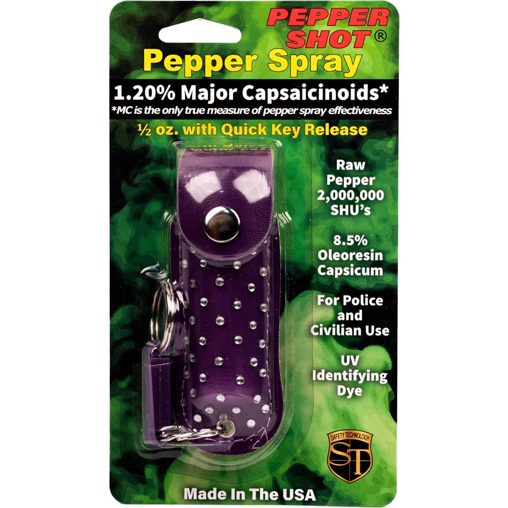 Pepper Shot 1.2% Mc 12 Oz Rhinestone Leatherette Holster And Quick Release Keychain Purple