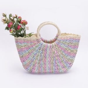 Faux Straw Multi Color Round Handle Tote Bag-48077