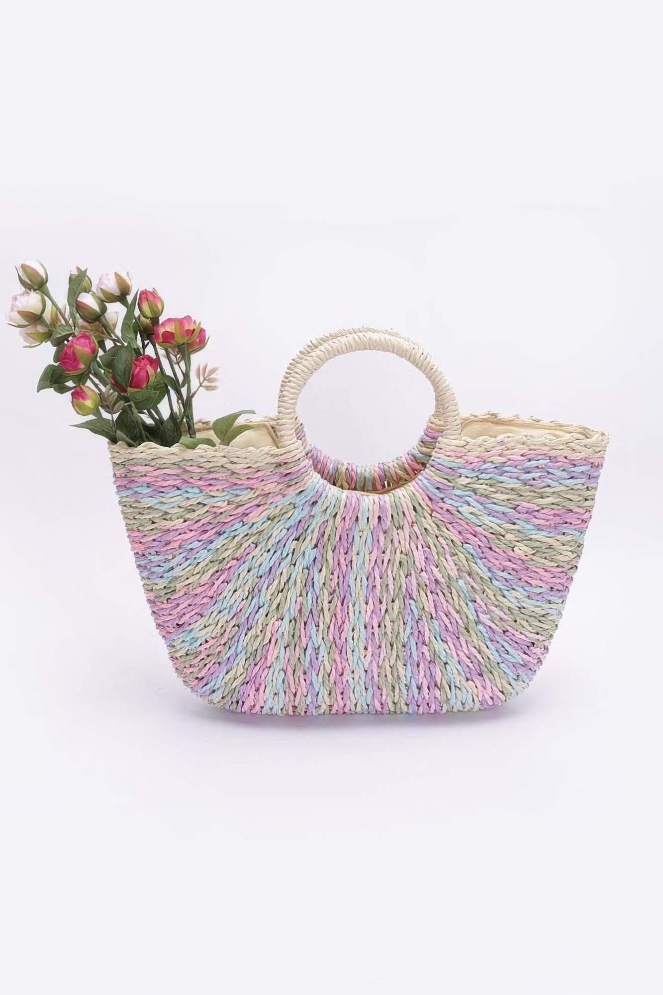 Faux Straw Multi Color Round Handle Tote Bag-48077