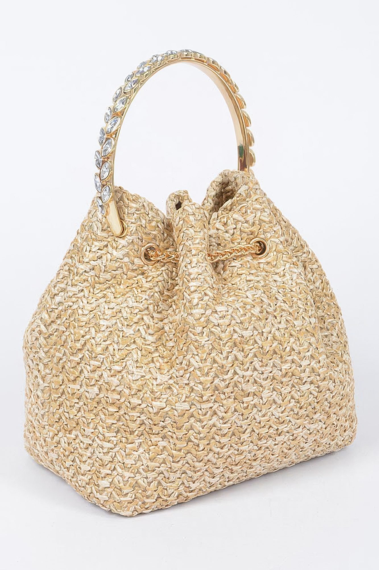 Faux Straw Bucket Bag W/Stone Handle-48086