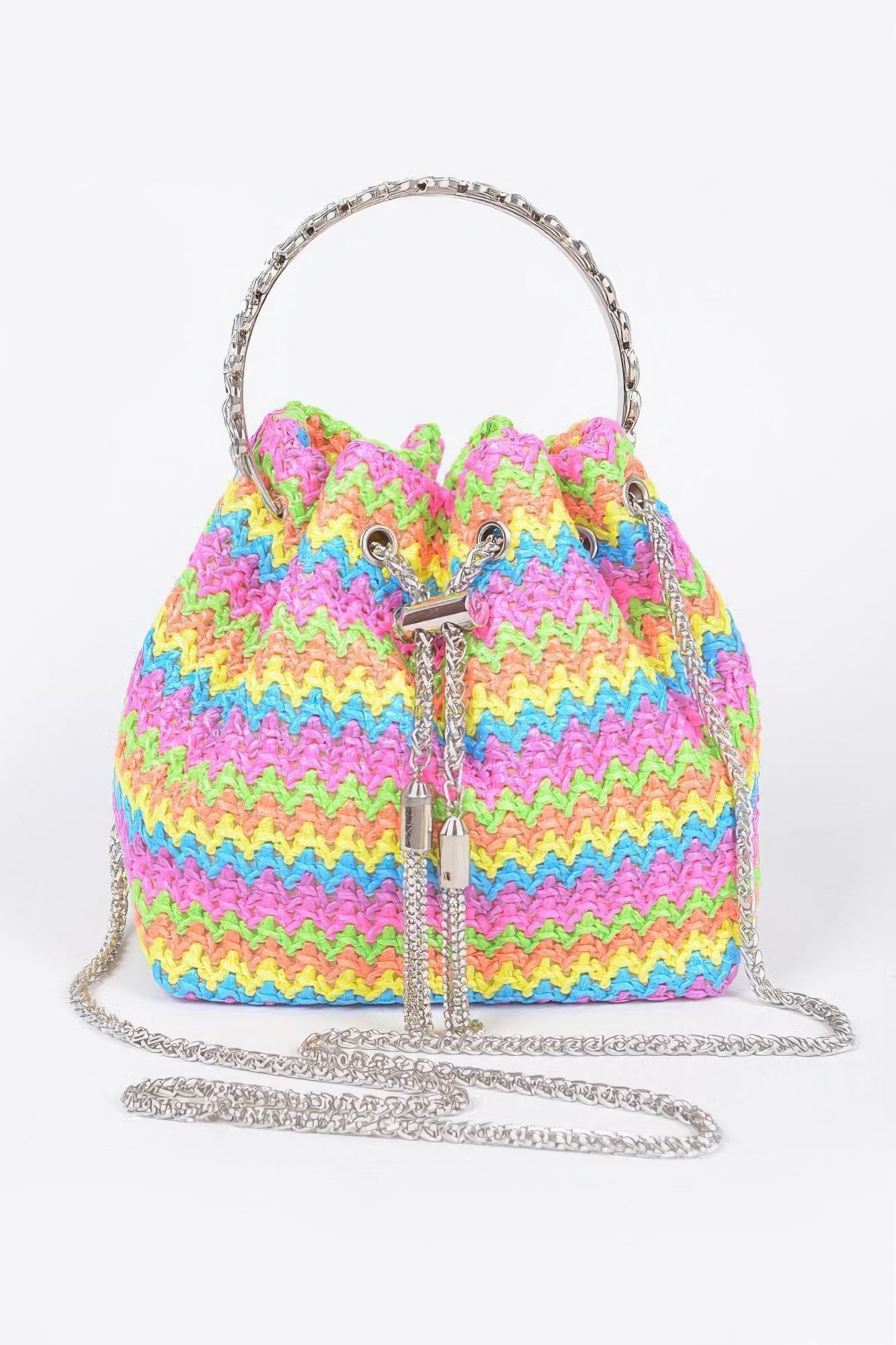 Faux Straw Bucket Bag W/Stone Handle-48086