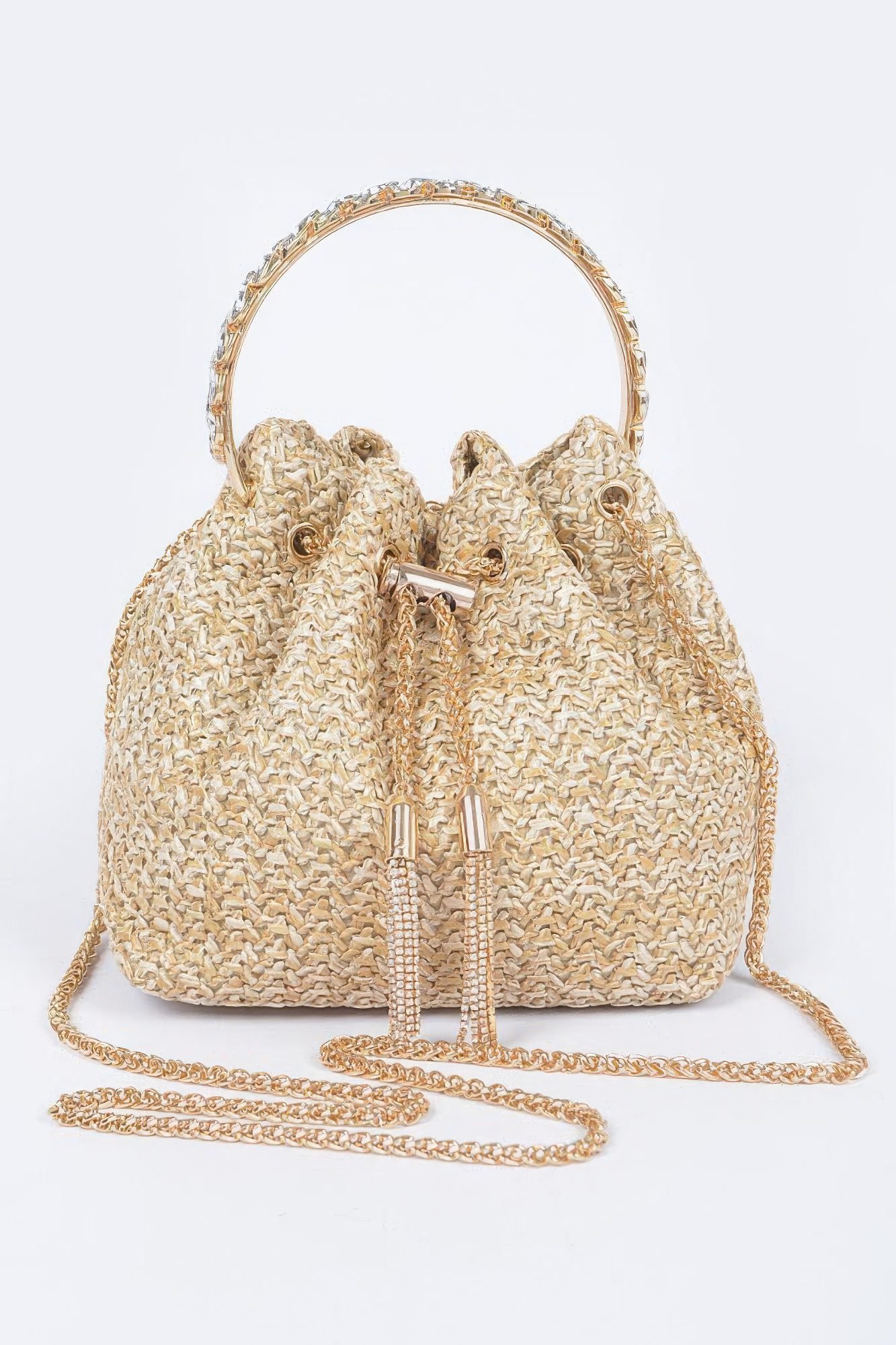Faux Straw Bucket Bag W/Stone Handle-48086