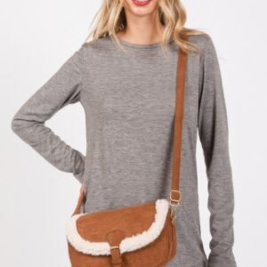 Fleece Trimmed Solid Crossbodybag Adjustable Strap-48383