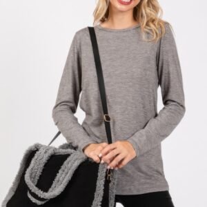 Fleece Trimmed Solid Tote And Crossbody Bag-48384