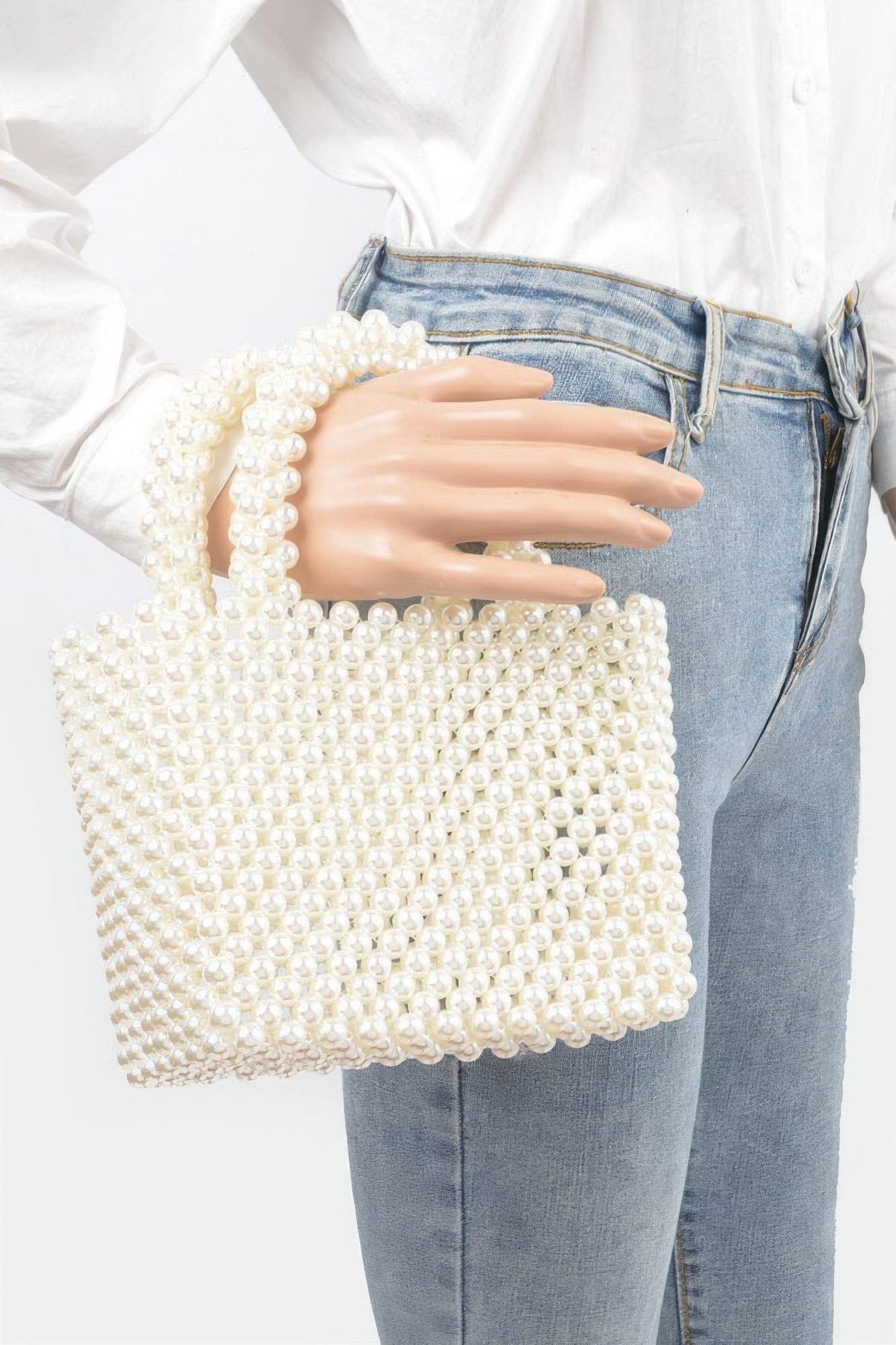 Hand Made Faux Pearl Bead Small Tote Bag-48900
