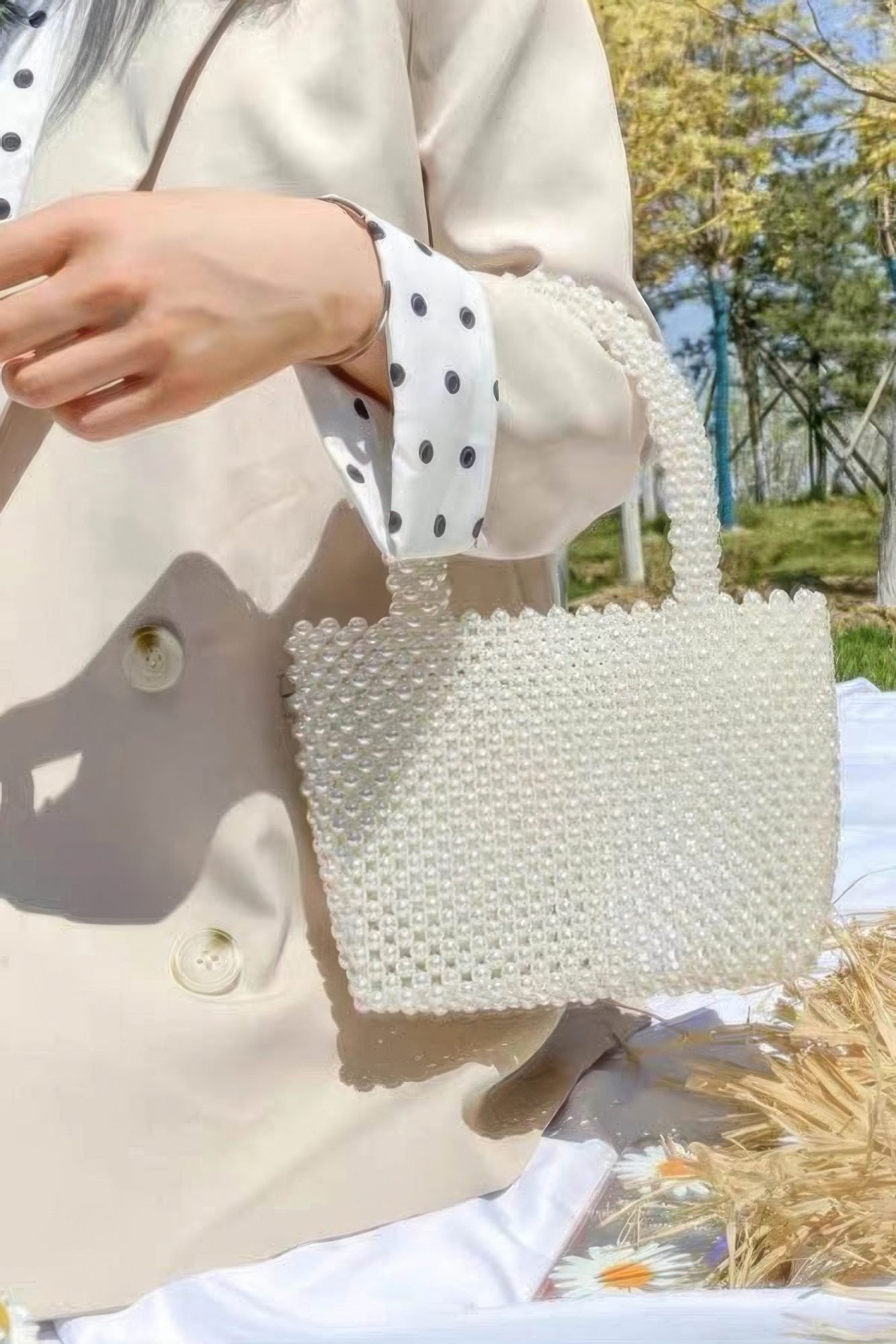 Hand Made Faux Pearl Bead Small Tote Bag-48900