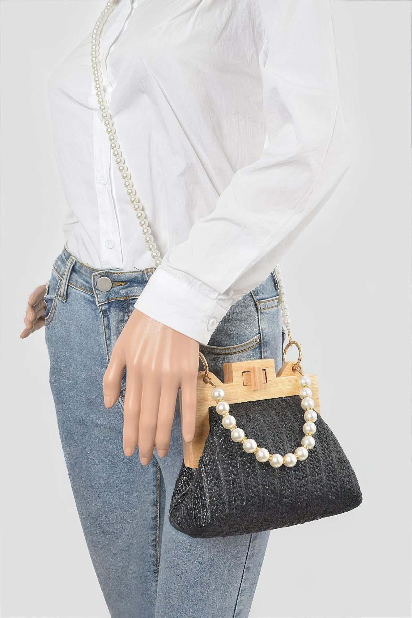Faux Straw Wood Frame Clutch W/ Faux Pearl Chain-48904