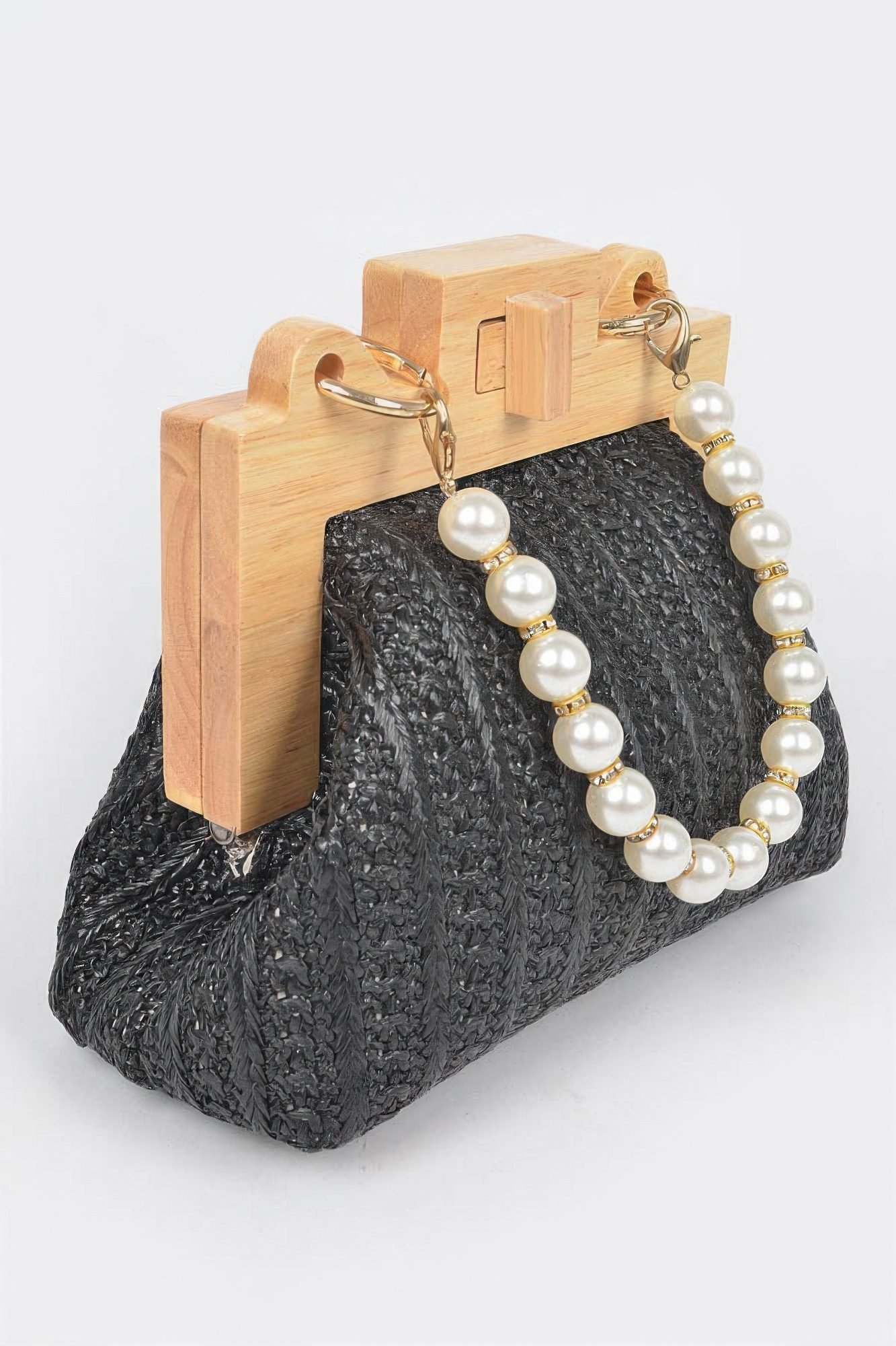 Faux Straw Wood Frame Clutch W/ Faux Pearl Chain-48904