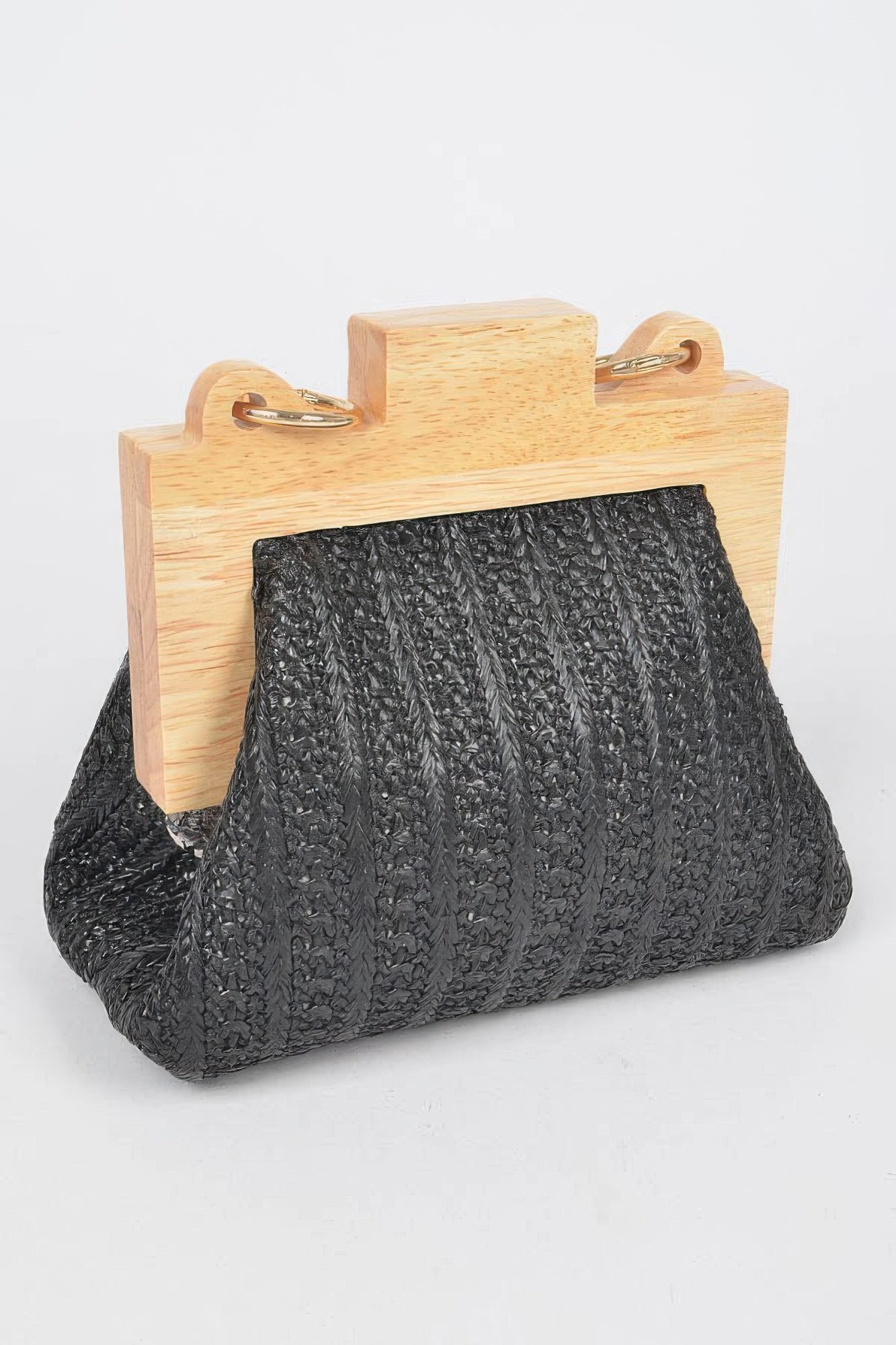 Faux Straw Wood Frame Clutch W/ Faux Pearl Chain-48904