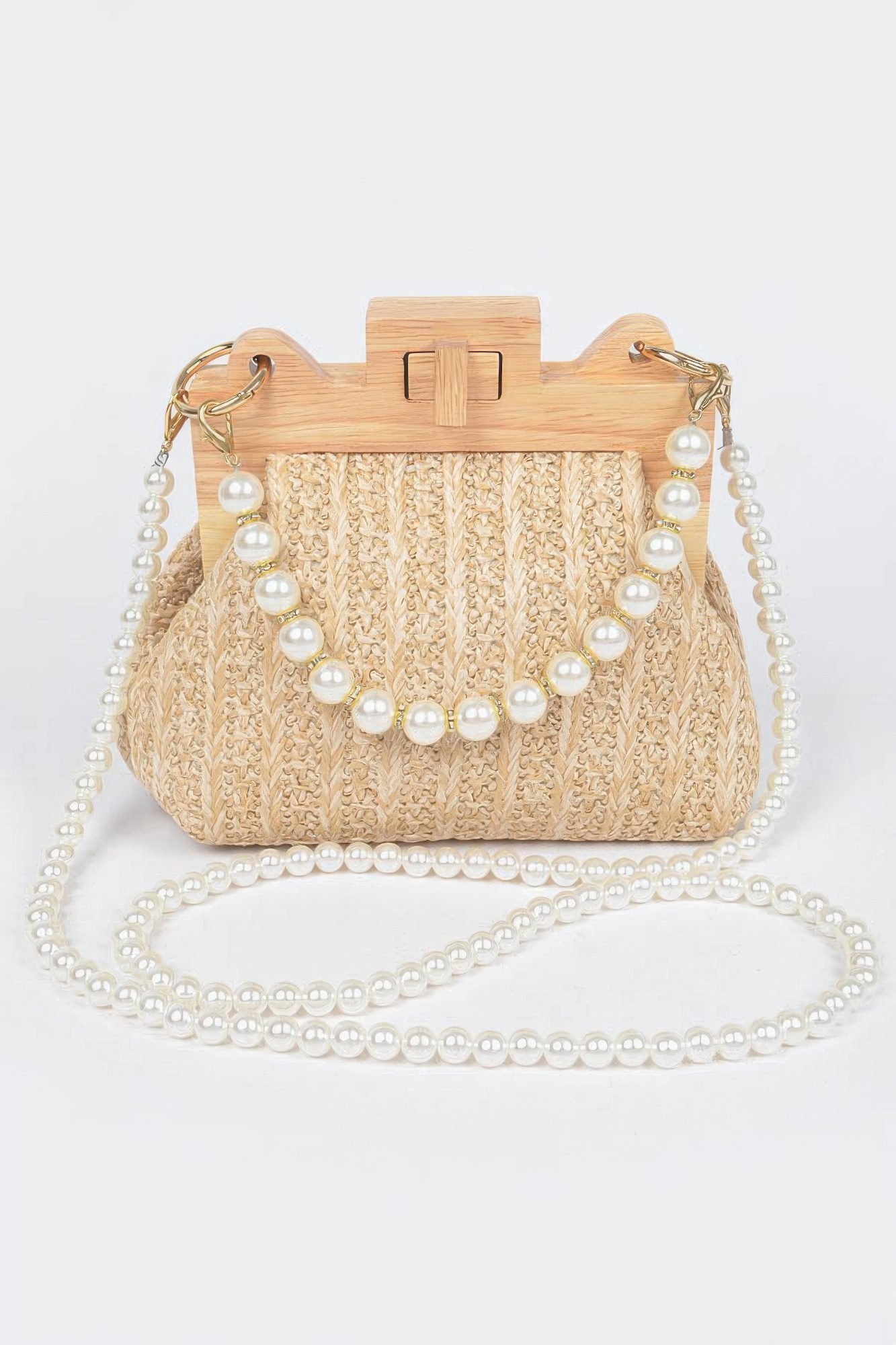 Faux Straw Wood Frame Clutch W/ Faux Pearl Chain-48904