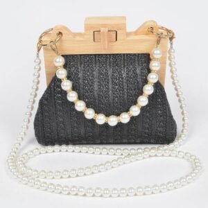 Faux Straw Wood Frame Clutch W/ Faux Pearl Chain-48904