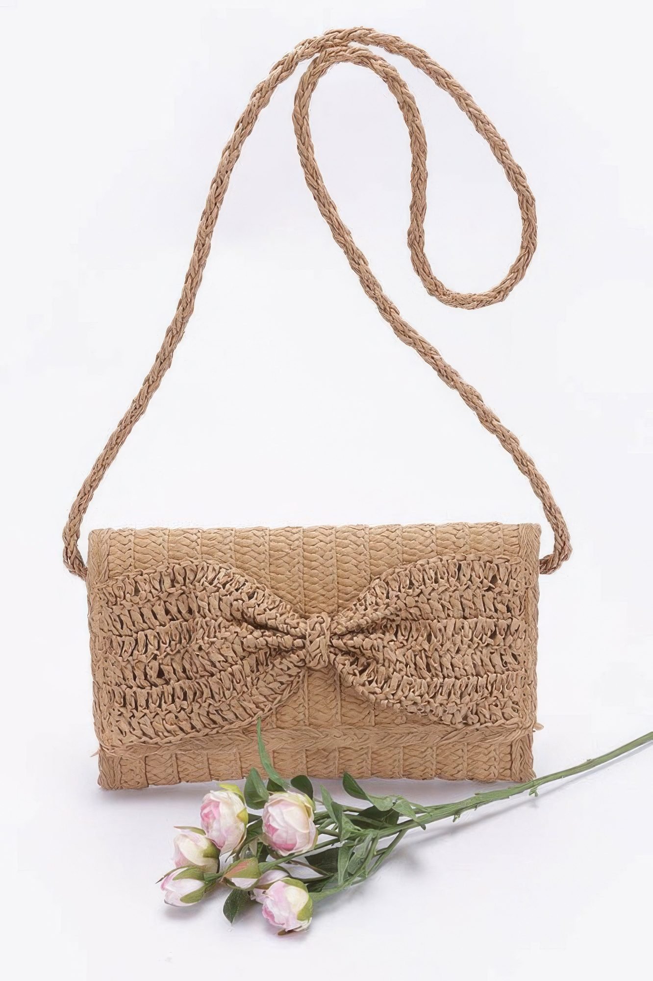 Faux Straw Handmade Ribbon Flap Clutch-48972