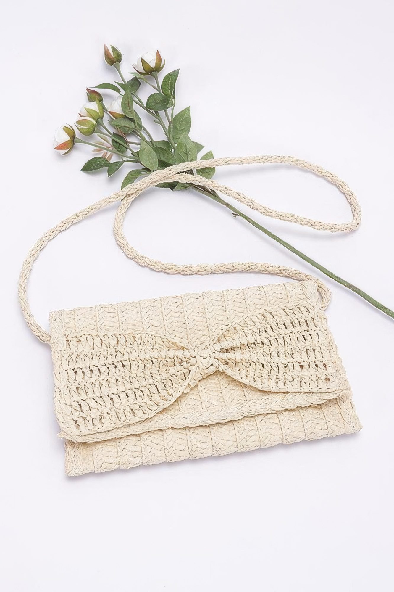 Faux Straw Handmade Ribbon Flap Clutch-48972