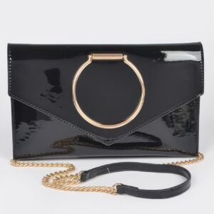 Enamel Faux Leather Metal Handle Flap Clutch-48973