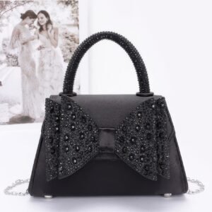 Rhinestone Ribbon Top Handle Satin Flap Bag-49450