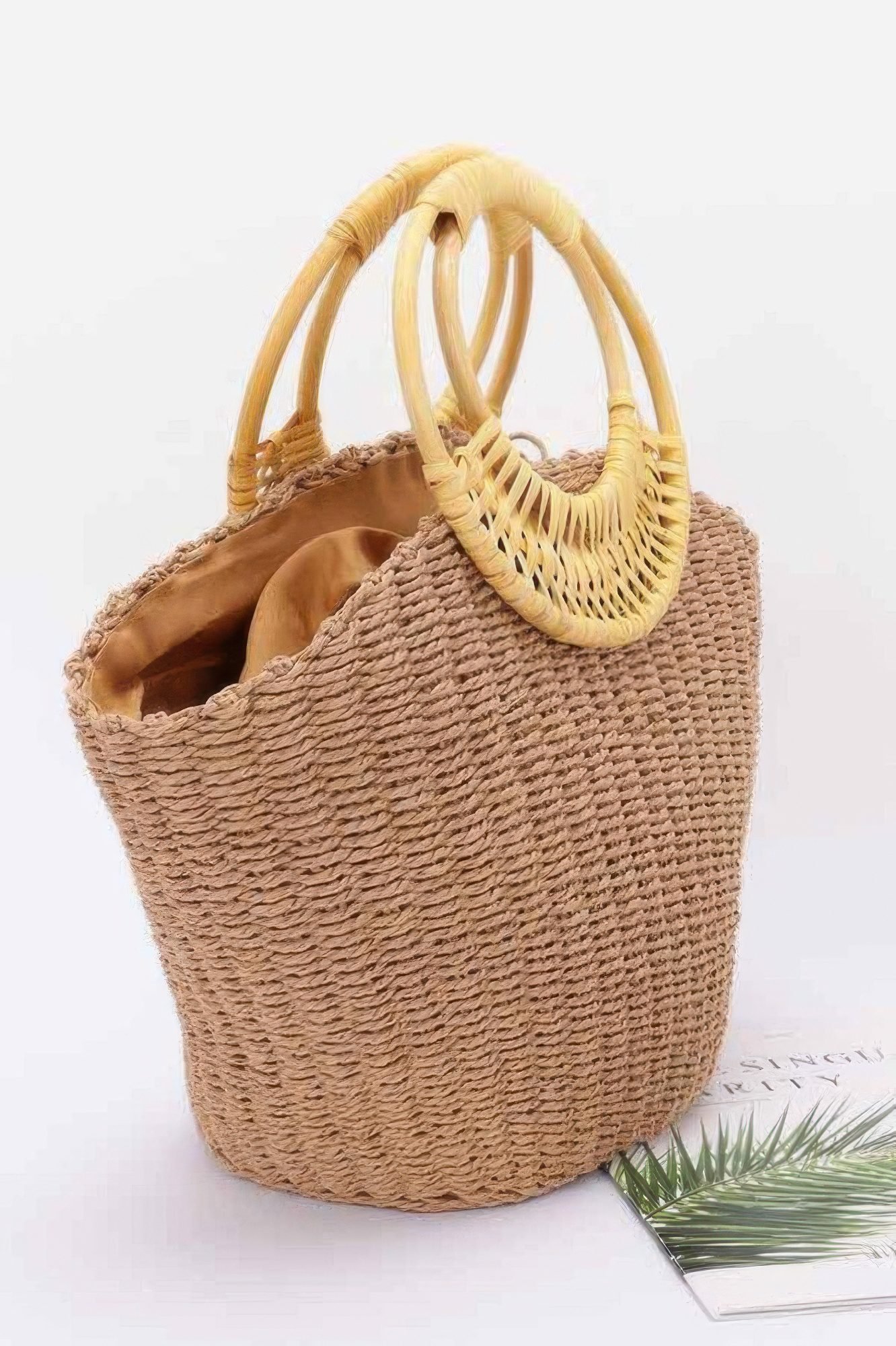 Faux Straw Bamboo Handle Tote Bag-49483
