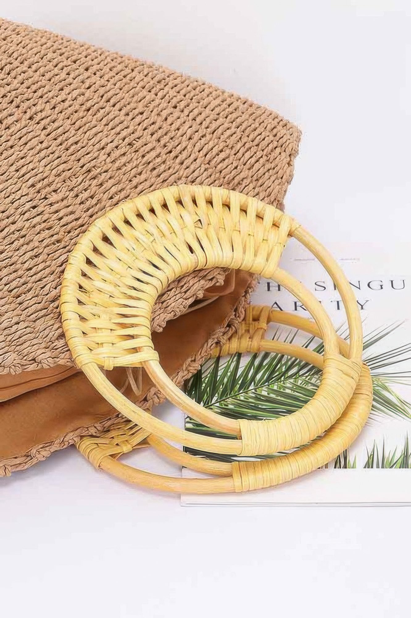 Faux Straw Bamboo Handle Tote Bag-49483