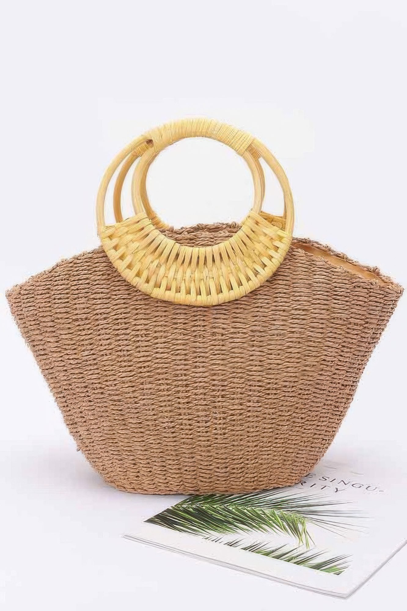 Faux Straw Bamboo Handle Tote Bag-49483