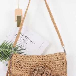 Faux Straw Handmade Flower Flap Clutch-49487