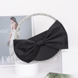 Satin Ribbon Round Rhinestone Metal Clutch-50922