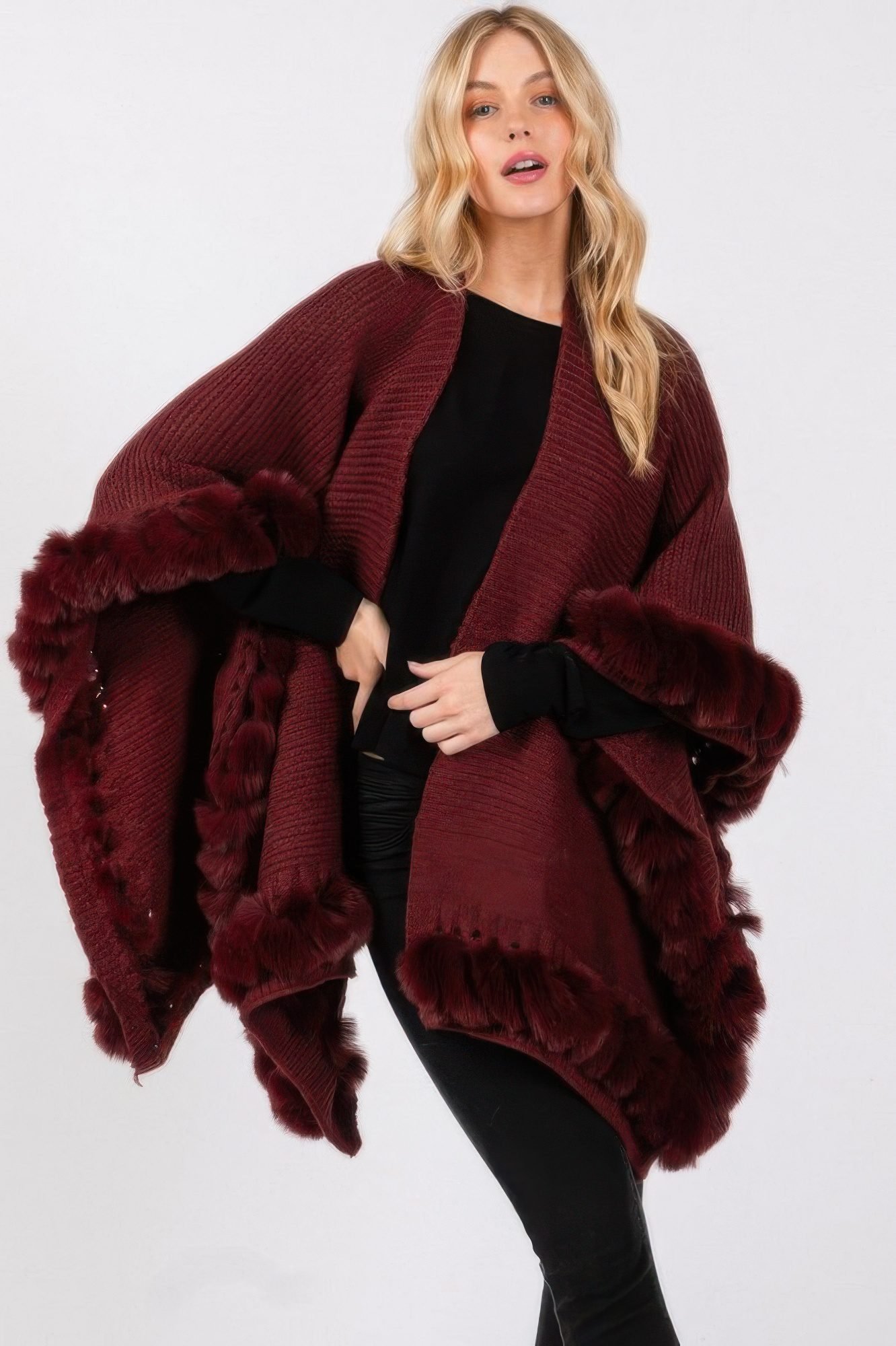 Faux Fur Trim Cape With Closure-51387