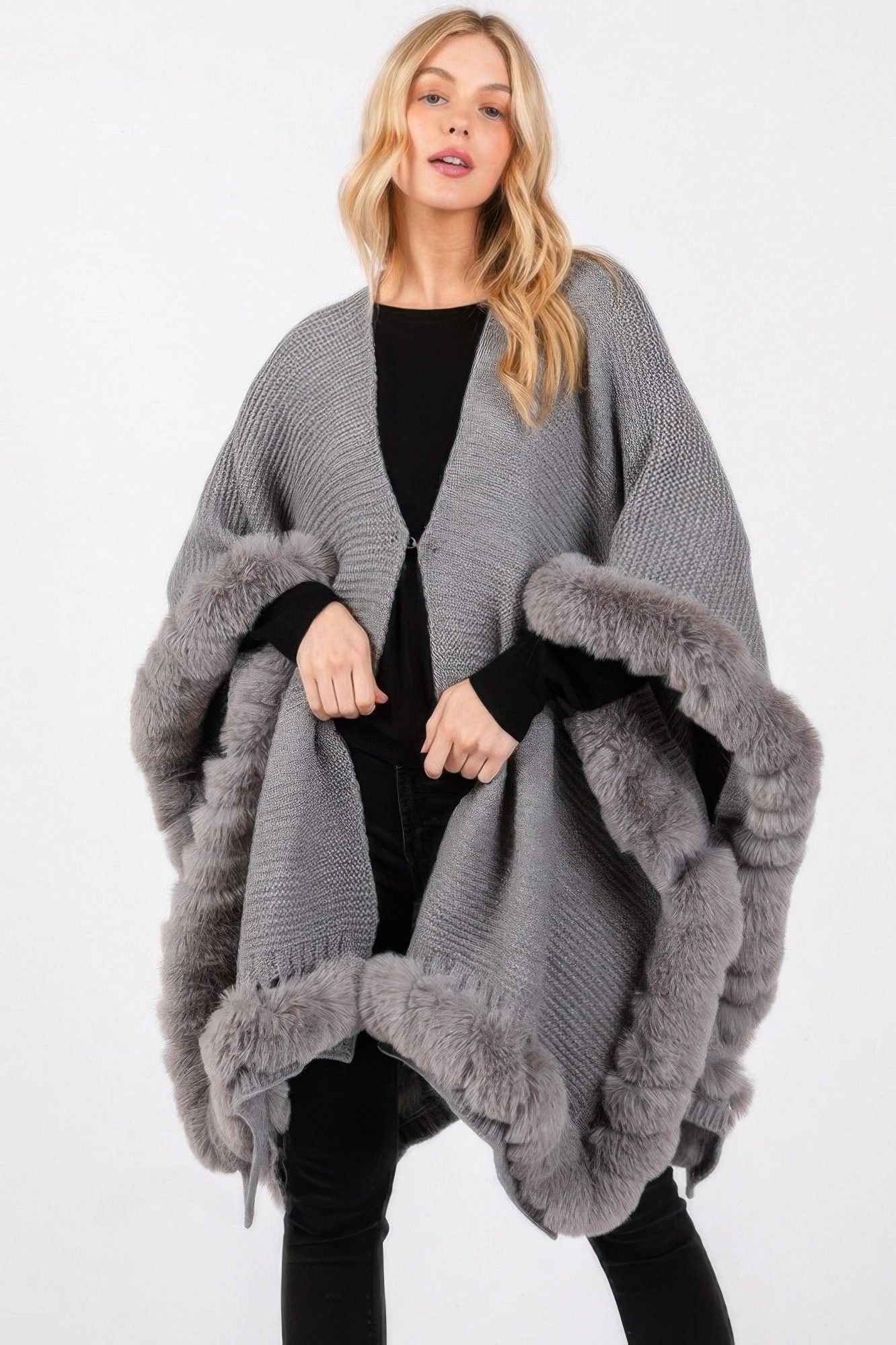 Faux Fur Trim Cape With Closure-51387